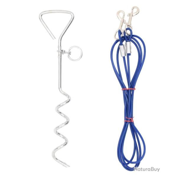 C�ble attache chien avec piquet de sol bleu 3 m acier PVC s�curit� plein air pratique