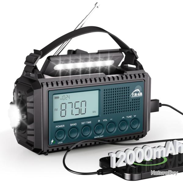 Radio Solaire  Manivelle AM/FM/S Batterie 12000mAh Type C Alarme SOS  Lampe de Lecture Lampe Torche