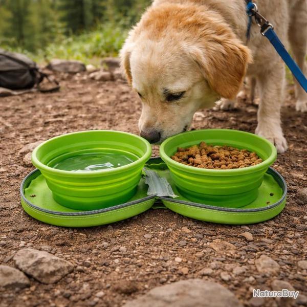 Double gamelle chien voyage r�tractable silicone 700ml avec zip