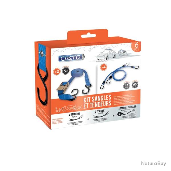 Kit 4 tendeurs + 2 sangles cliquet 5m avec crochets transport