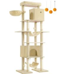 Arbre &agrave; chat 201 cm forme de tour taille XXL multi-niveaux 1 plateforme 1 panier 2 niches 2 hamacs