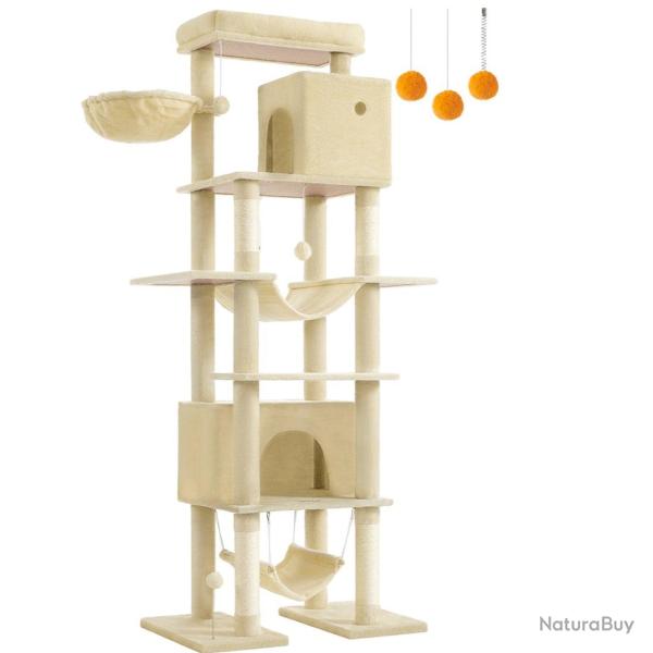 Arbre � chat 201 cm forme de tour taille XXL multi-niveaux 1 plateforme 1 panier 2 niches 2 hamacs