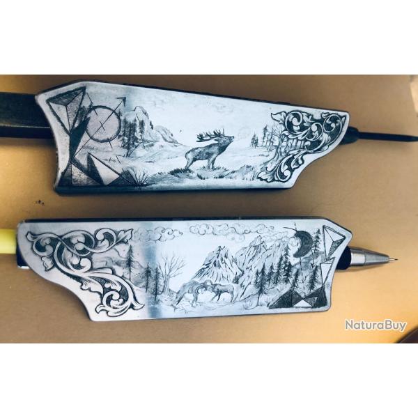 Paire de plaquettes blaser r93 grav�es main cerf/mouflon