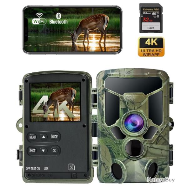 Cam�ra de Chasse 4K WiFi - Vision Nocturne 30m | D�tection 0,1s | Bluetooth 5.2 | IP66 | Carte SD 32