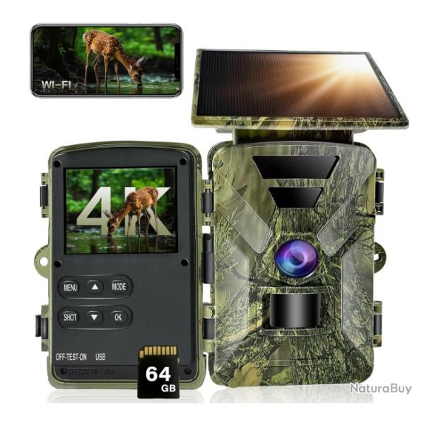 Cam�ra de Chasse Solaire Wi-Fi 4K 60MP Vision Nocturne Bluetooth D�tection 0,1s IP66 Carte SD 64 Go