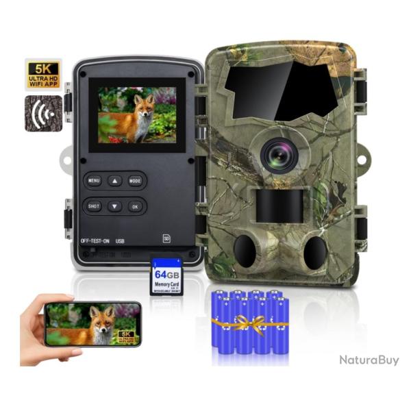 Cam�ra de Chasse 5K WiFi - 64MP | Vision Nocturne Infrarouge | D�tection 0,1s | IP66 | Carte SD 64Go