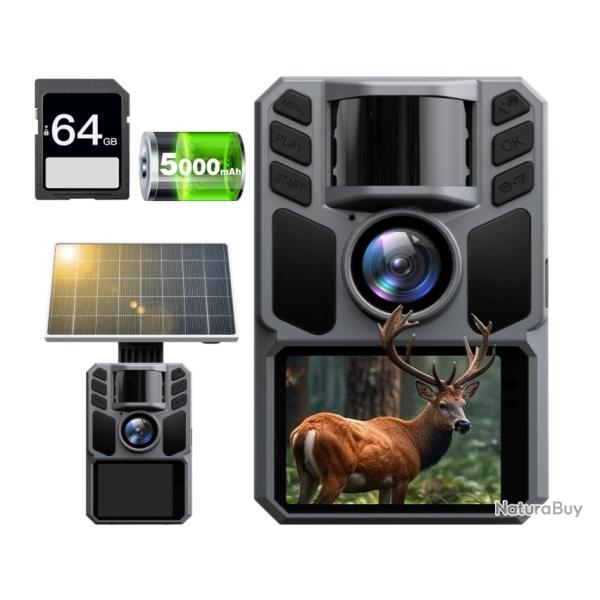 Cam�ra de Chasse Solaire 64MP 4K Vision Nocturne D�tection 0,1s IP67 Batterie 5000mAh Carte SDGB