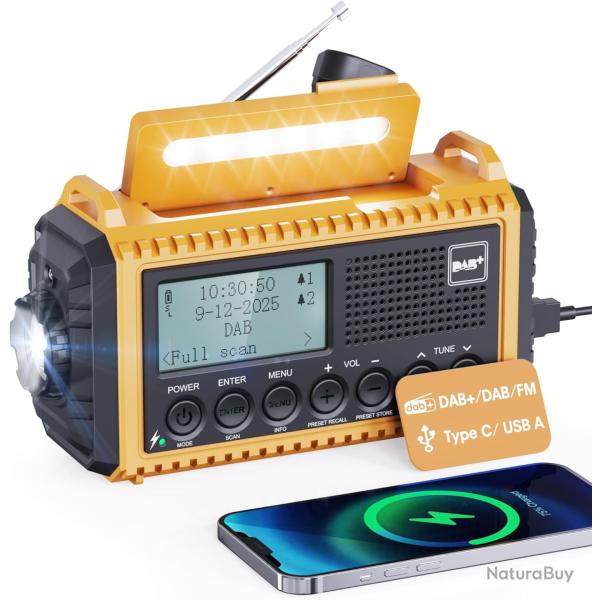 Radio Solaire Urgence Batterie 5000mAh Manivelle Dab tanche IPX4 Alarme SOS Lampe Torche et Liseuse