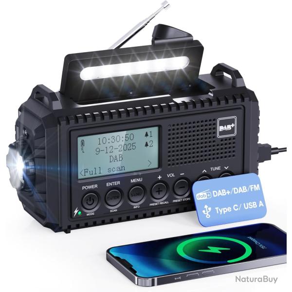 Radio Dab/FM Solaire Manivelle Batterie 5000mAh DAB Alarme SOS LampeTorche Liseuse �tanche IPX4