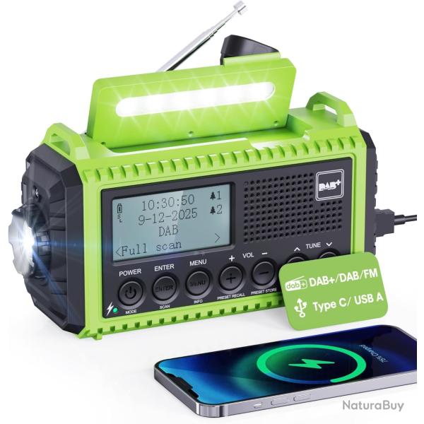 Radio Solaire DAB+/DAB/FM Manivelle Kit Survie SOS Batterie 5000mAh tanche IPX4 Lampe Torche