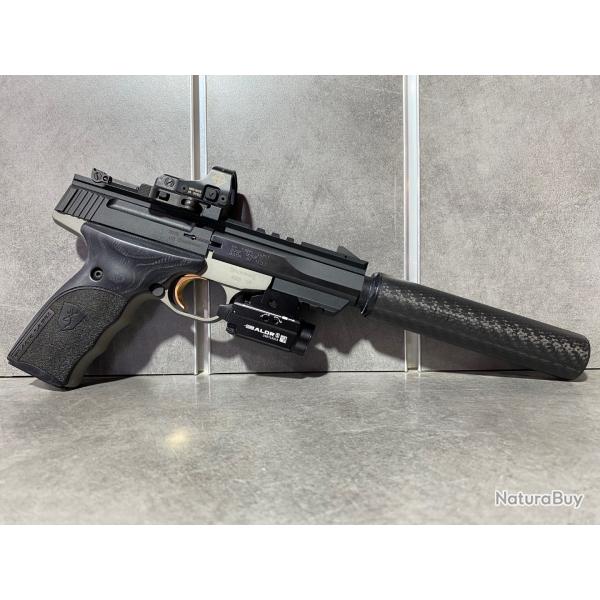 Pack Ultima BROWNING Buck Mark Calibre 22 Lr + Point rouge + Silencieux Carbone + Lampe Laser vert