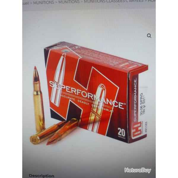 Boite de 20 cartouches hornady 30-06 sprg 180gr sst spf 81183