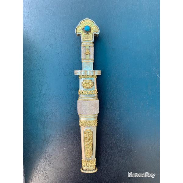 BEAU COUTEAU TRADITIONNEL TIBETAIN DES ANNEES 1960, FINEMENT ET ENTIEREMENT DECORE