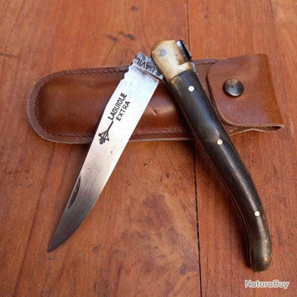 Joli Couteau LAGUIOLE EXTRA G.DAVID Manche en Corne avec tui en cuir