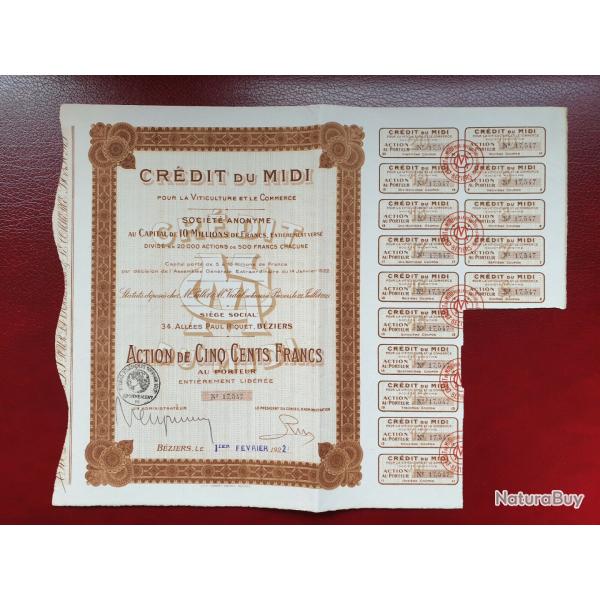 Rare action 500 francs Cr�dit du midi B�ziers H�rault 34 1922