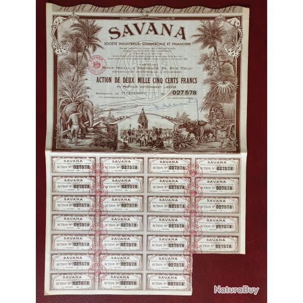 Action d�co de 2500 francs 1951 Bordeaux Pondichery avec coupons