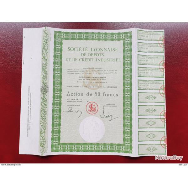 Tr�s rare obligation neuve 50 francs St� Lyonnaise d�pots cr�dit Lyon Rhone 69