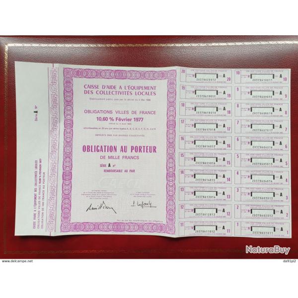 Tr�s rare obligation neuve 1000 francs Villes de France s�rie A 1977