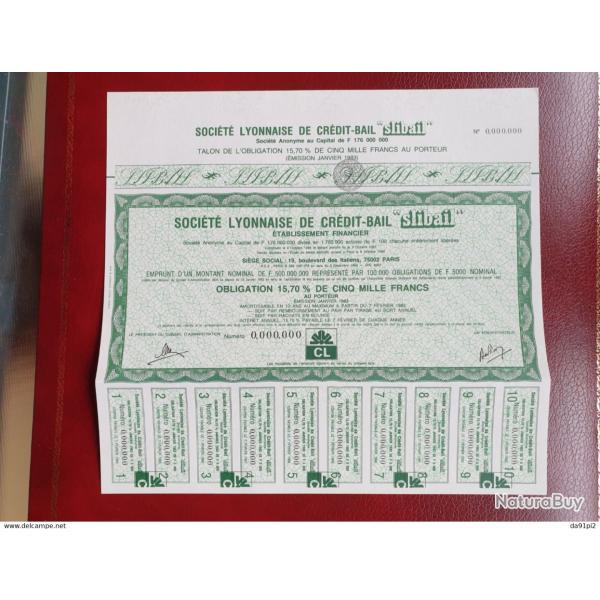 Tr�s rare obligation neuve 5000 francs Slibail 1983
