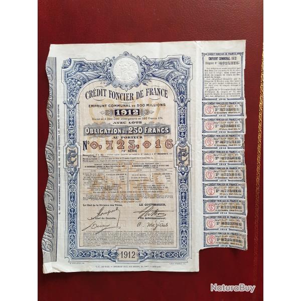 Obligation de 250 francs cr�dit Foncier 1912 avec coupons