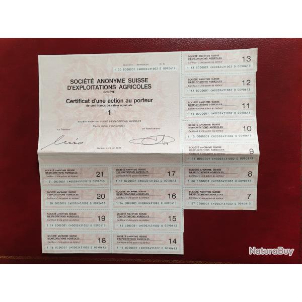 Rare Action Soci�t� Anonyme Suisse d'Exploitations Agricoles 500 francs suisses