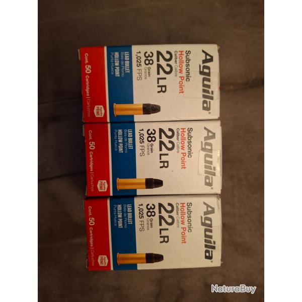 Vends 450 cartouches 22LR SUBSONIQUE AGUILA en 38 gr HOLLOW POINT