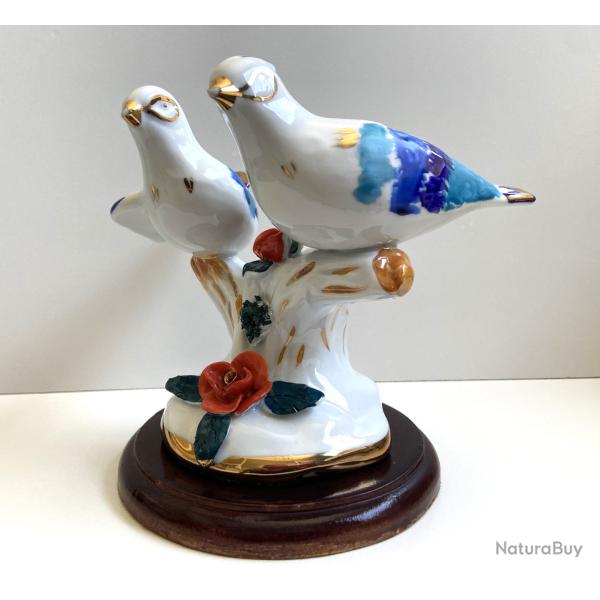 Ancienne Sculpture Figurine Sujet en Porcelaine �maill�e Couple d'Oiseaux