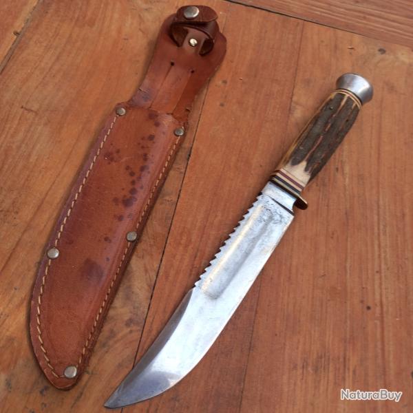 Joli et Solide Couteau de Chasse ALLEMAND SOLINGEN  Manche en Bois de Cerf avec �tui en cuir