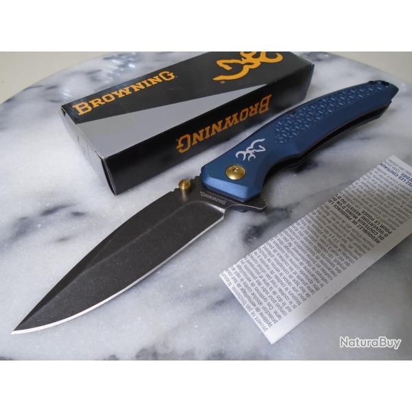 Couteau Browning Lame Acier 7Cr17MoV Manche Aluminium Bleu Linerlock Clip BR0572B
