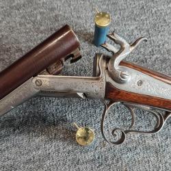 Joli fusil juxtapos&eacute; de luxe enti&egrave;rement grav&eacute; 16 65 broche sign&eacute; Gervais &agrave; P&eacute;rigueux canon damas