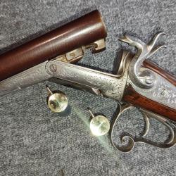 Joli fusil juxtapos&eacute; de luxe enti&egrave;rement grav&eacute; cal16 65 broche sign&eacute; Gervais &agrave; P&eacute;rigueux canon damas