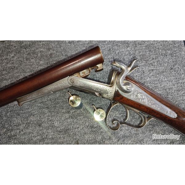 Joli fusil juxtapos de luxe entirement grav 16 65 broche sign Gervais  Prigueux canon damas