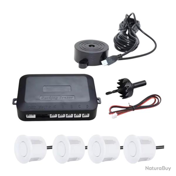 Radar de Recul Voiture - Kit 4 Capteurs + Buzzer Aide Stationnement Blanc