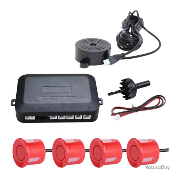 Radar de Recul Voiture - Kit 4 Capteurs + Buzzer Aide Stationnement Rouge