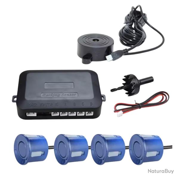 Radar de Recul Voiture - Kit 4 Capteurs + Buzzer Aide Stationnement Bleu