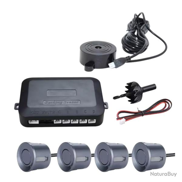 Radar de Recul Voiture - Kit 4 Capteurs + Buzzer Aide Stationnement Gris