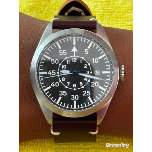 Montre automatique  Miyota bracelet en cuir marron style aviateur ww2 seconde guerre mondial