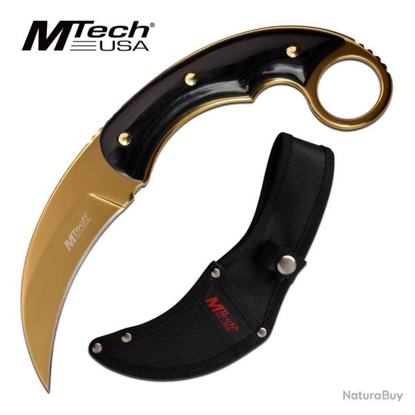 Couteau MTech Karambit Manche Pakkawood Lame Acier 3Cr13 Finition Or Etui Nylon MT2084GD