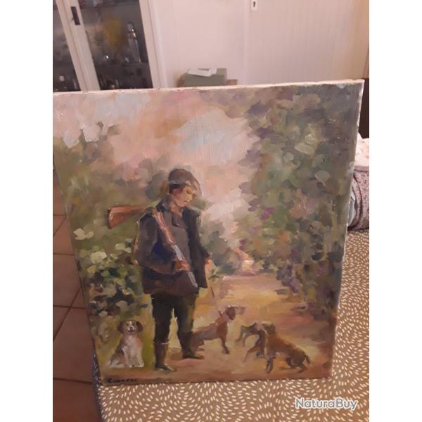 Huile sur toile 47x39/sujet chasse/jeune chasseur/chiens/sous bois.