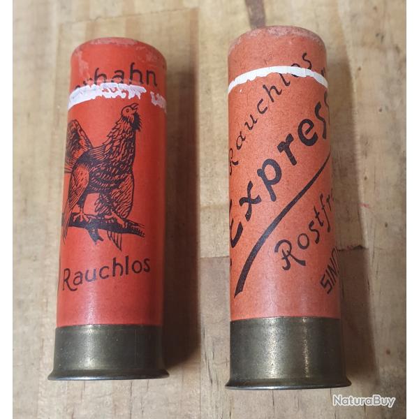 2 anciennes cartouches RWS et GUSTAV GENSCHOW  calibre 16  balle BRENNEKE