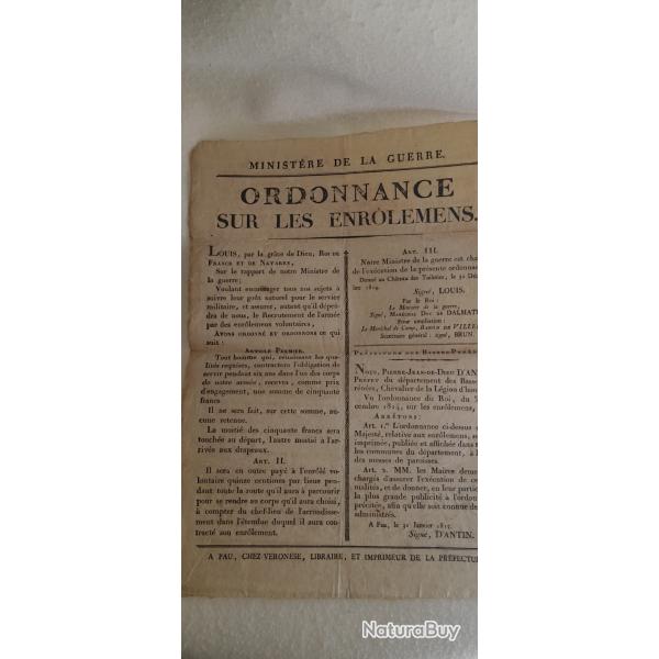 PLACARD ENROLEMENT DES TROUPES 1815