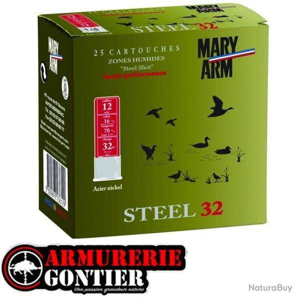 Cartouches MARY ARM SUPER STEEL 32 Calibre 12/70 32grs N� 5+6 Bourre jupe