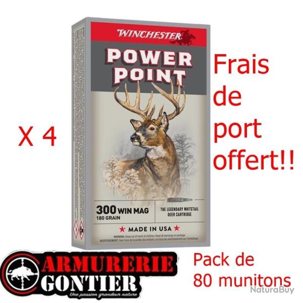 pack 80 munitions WINCHESTER 300 Win Mag 180grain PowerPoint