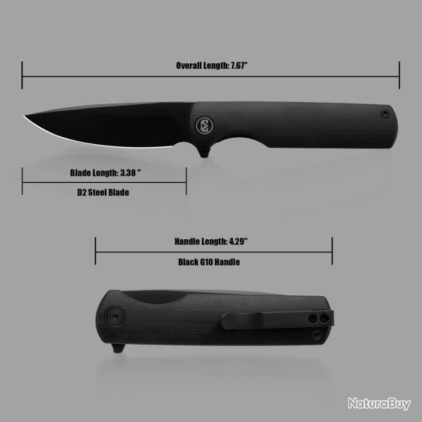 Couteau Miguron Perism Black Lame Drop Point Acier D2 Manche G10 Linerlock Clip MGR811BK