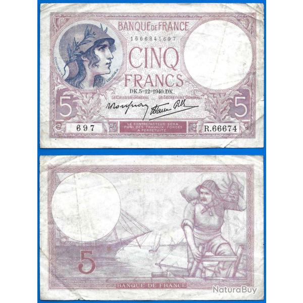 France 5 Francs 1940 5 D�cembre Violet Billet Franc Frcs Frc