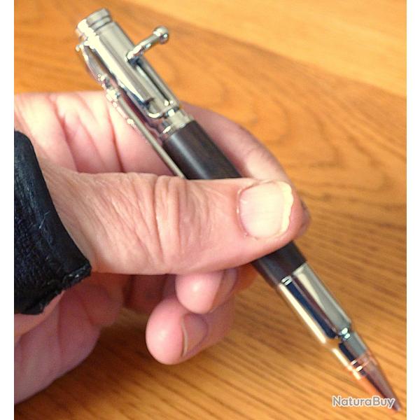 STYLO  BILLE EN LAITON, EN FORME DE BALLE DE FUSIL- FANTAISIE EN STYLO- CHROME- CUIVRE- BOIS- SUPER