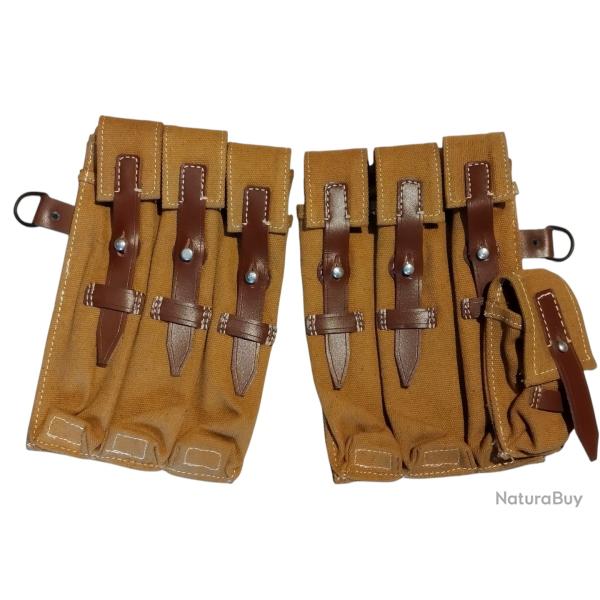 Paire de porte chargeurs en toile sable MP 38 - 40 avec attache cuir brun REPRODUCTION
