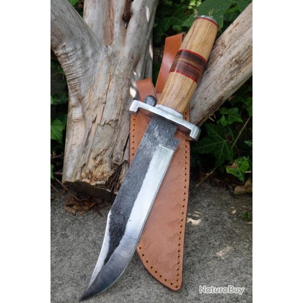 Gros Couteau De Trappeur Chasse Bowie Lame Acier Carbone 1075 Etui Cuir Manche Bois Fabr Artisan 01