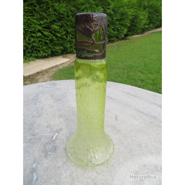 Ancien vase Art Nouveau Jugendstil en verre vert de Bohme froiss - AUTRICHE (Vers 1900)