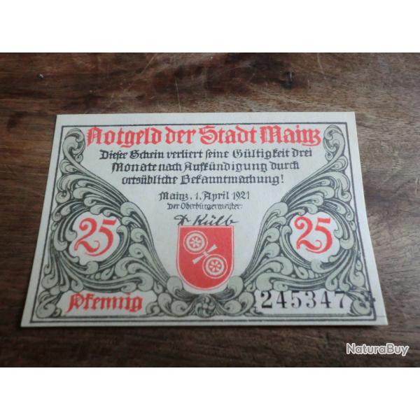 billet allemagne mayence  25 pfennings 1.4.1921 / N� 245347  neuf